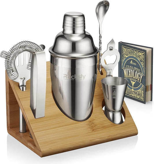 Mixology Bartender Kit and Cocktail Shaker Set for Drink Mixing | Mixology Set with 6 Bar Set Tools and Bamboo Stand Makes It the Perfect Home Cocktail Kit | Complete Bartender Kit (Silver)