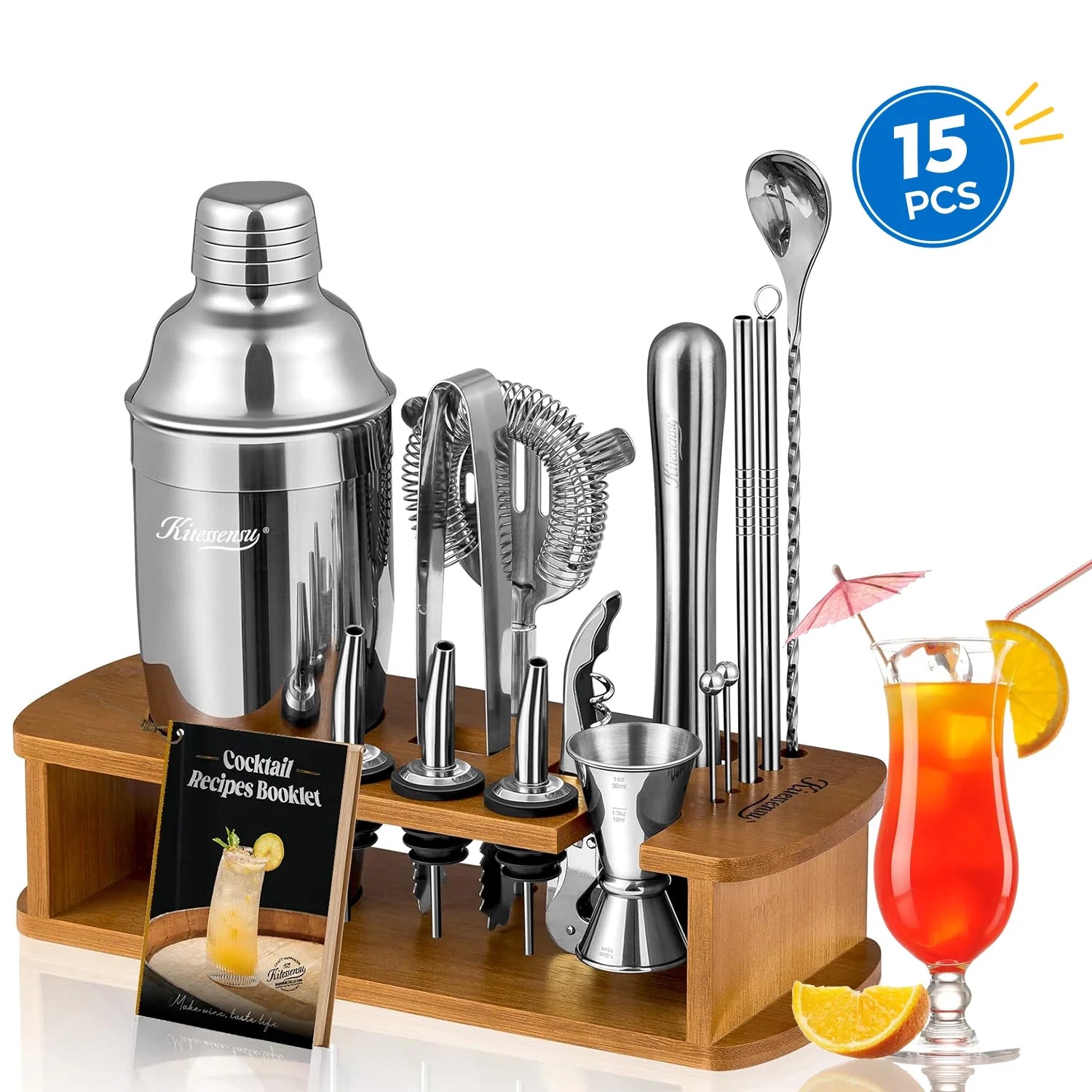 Cocktail Shaker Set Bartender Kit, 15Pcs Stainless Steel Drink Mixer Set, Bar Set with Bar Accessory Tools: Martini Shaker, Jigger, Strainer, Mixer Spoon, Muddler, Liquor Pourers-Silver