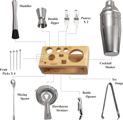 14 Pcs Cocktail Shaker Set - Bartender Kit with Bamboo Stand, Perfect Bar Set for Home Bar with All Essential Bar Tools