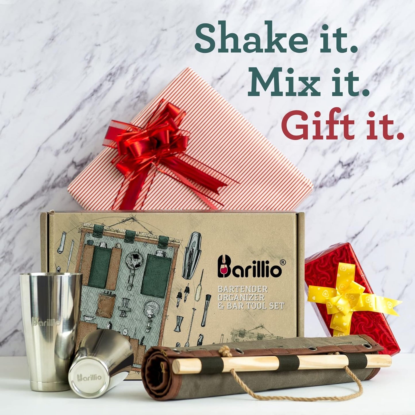Bartender Wall Organizer with Martini Shaker Set | Professional Mixology Bartender Kit for Cocktail & Drink Mixing | Perfect Portable Bar Kit for Home Bartending (Small)