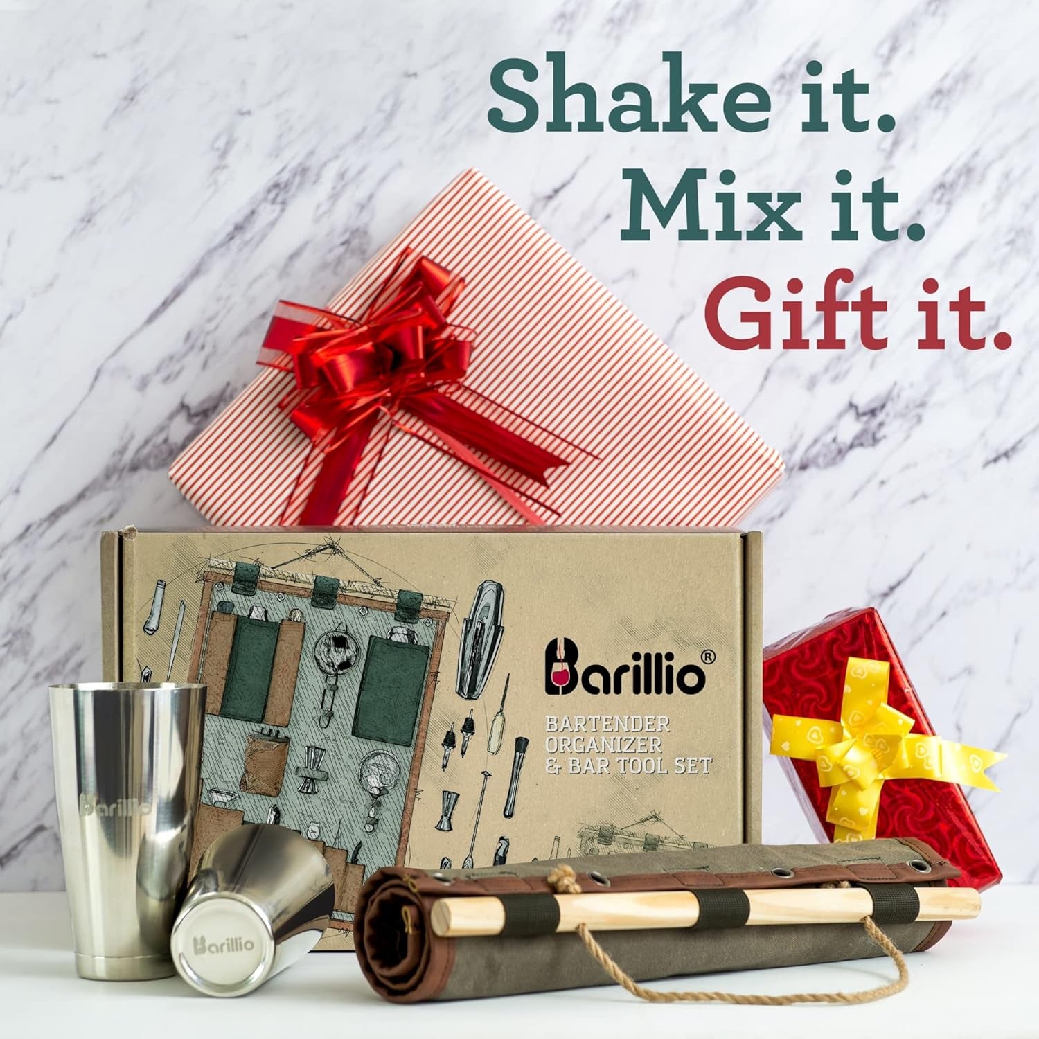 Bartender Wall Organizer with Martini Shaker Set | Professional Mixology Bartender Kit for Cocktail & Drink Mixing | Perfect Portable Bar Kit for Home Bartending (Small)