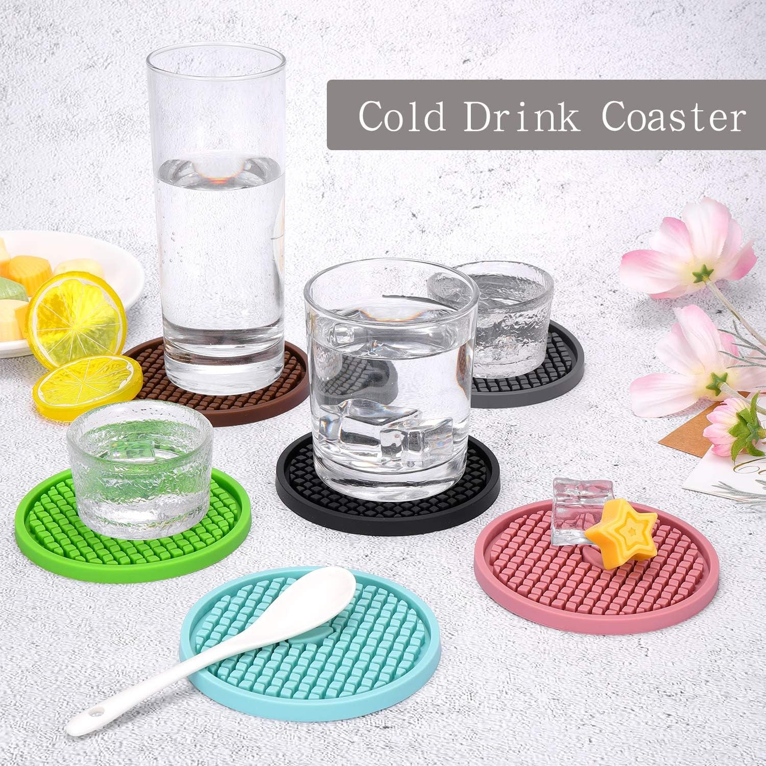 Silicone Coasters [6 Pack] Thickened Drink Coasters with Holder - Cup Mat - Non-Slip, Non-Stick, Stay Put, Deep Tray - Prevents Furniture and Tabletop Damages(Gray)