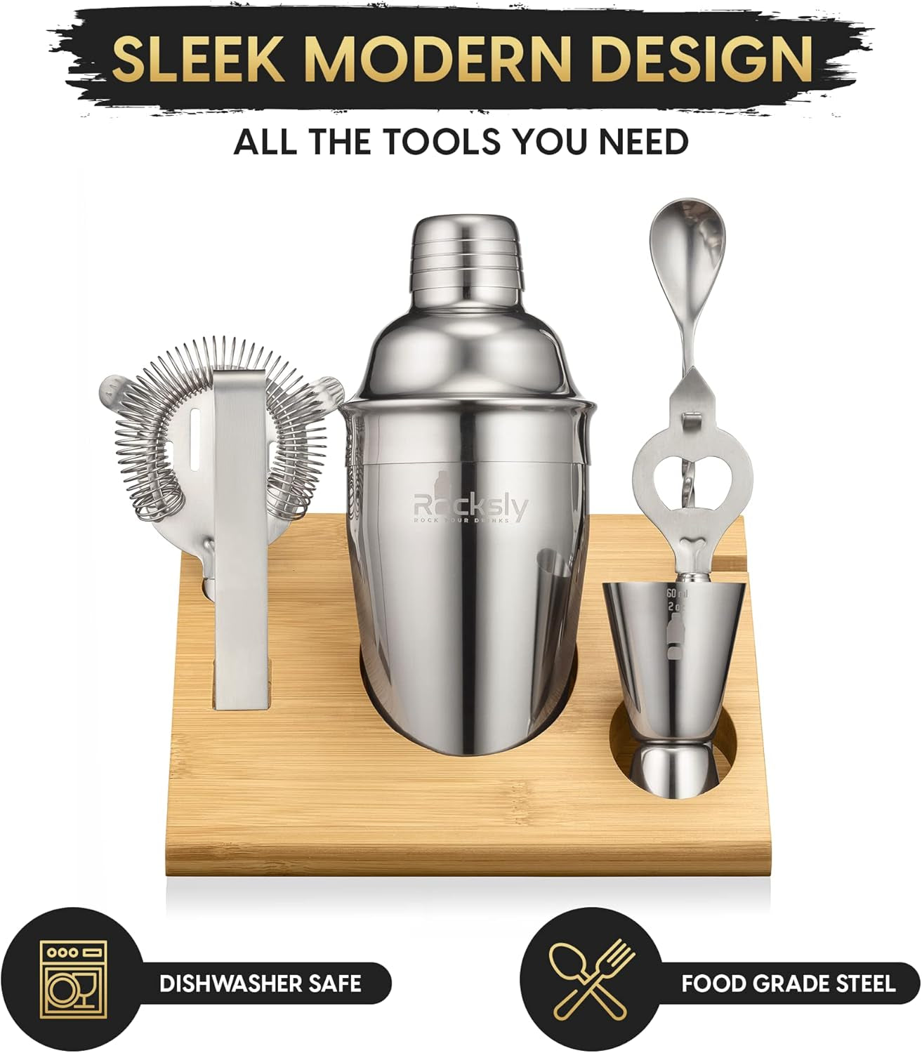 Mixology Bartender Kit and Cocktail Shaker Set for Drink Mixing | Mixology Set with 6 Bar Set Tools and Bamboo Stand Makes It the Perfect Home Cocktail Kit | Complete Bartender Kit (Silver)