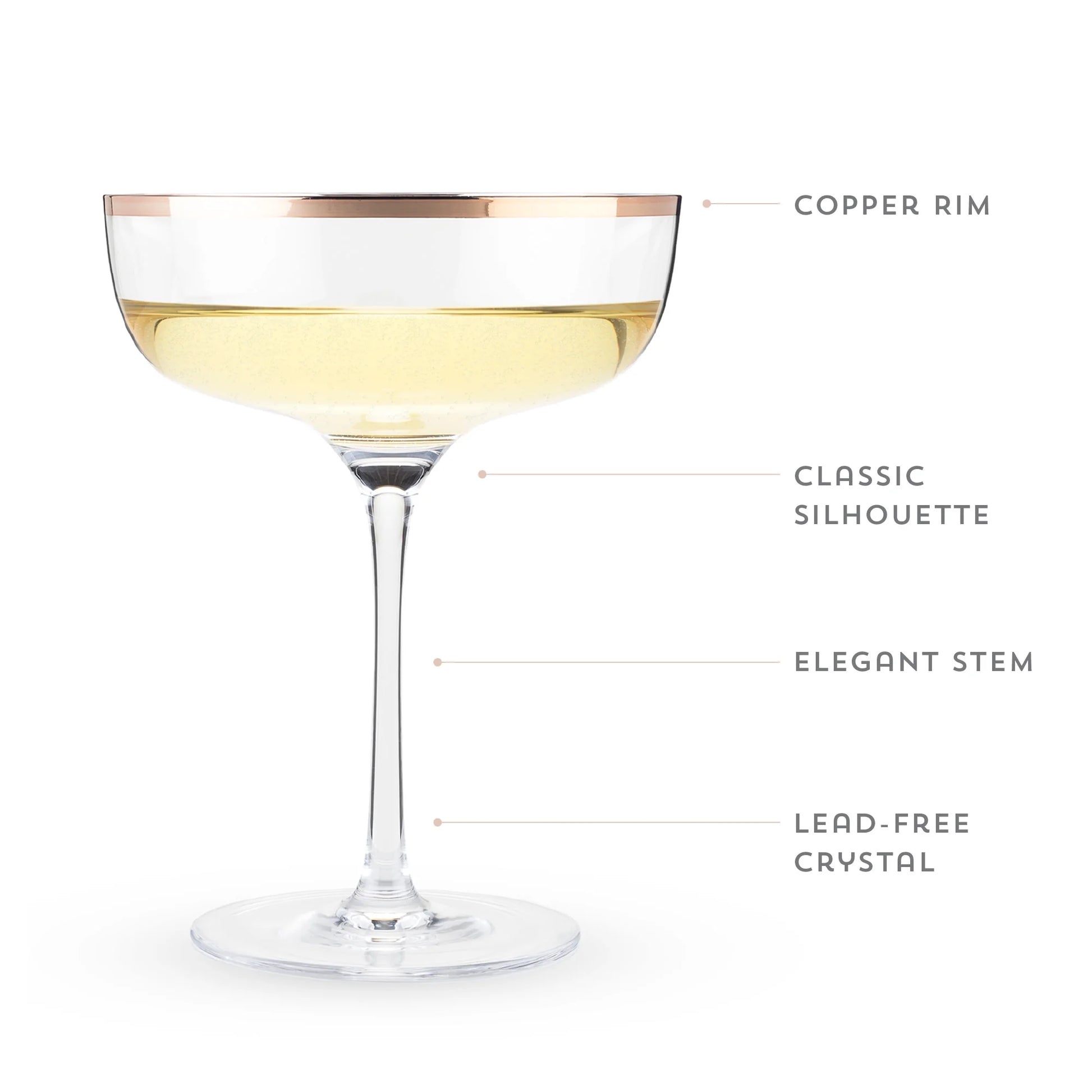 Copper Rim Vintage Cocktail Crystal Champagne Coupe Glasses, Set of 2