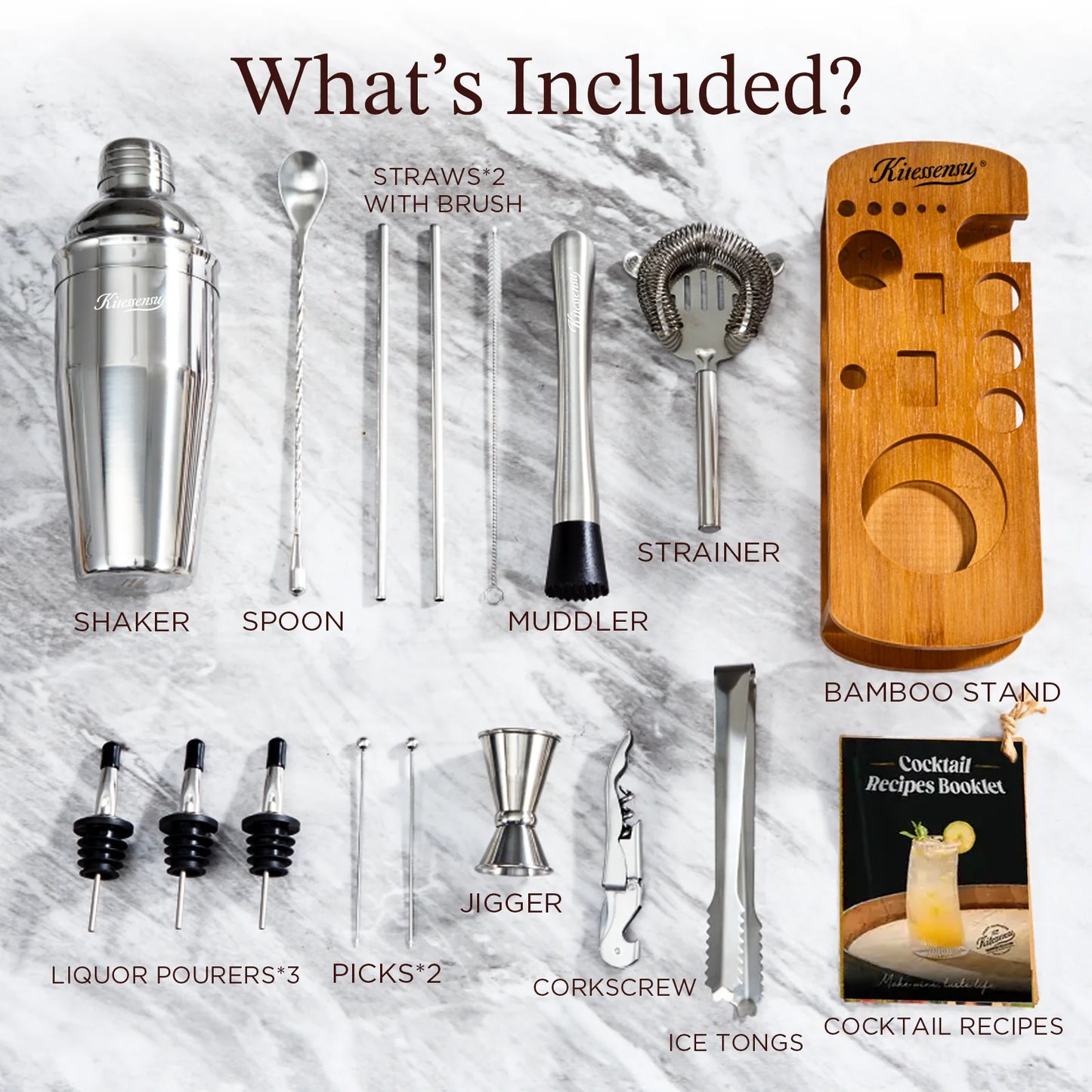 Cocktail Shaker Set Bartender Kit, 15Pcs Stainless Steel Drink Mixer Set, Bar Set with Bar Accessory Tools: Martini Shaker, Jigger, Strainer, Mixer Spoon, Muddler, Liquor Pourers-Silver