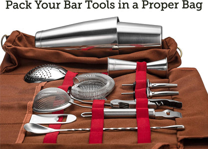 Travel Bartender Kit Bag | Professional 17-Piece Silver Bar Tool Set with Portable Bar Bag and Shoulder Strap for Easy Carry and Storage | Best Travel Bar Set for Home Cocktail Making, Work, Parties