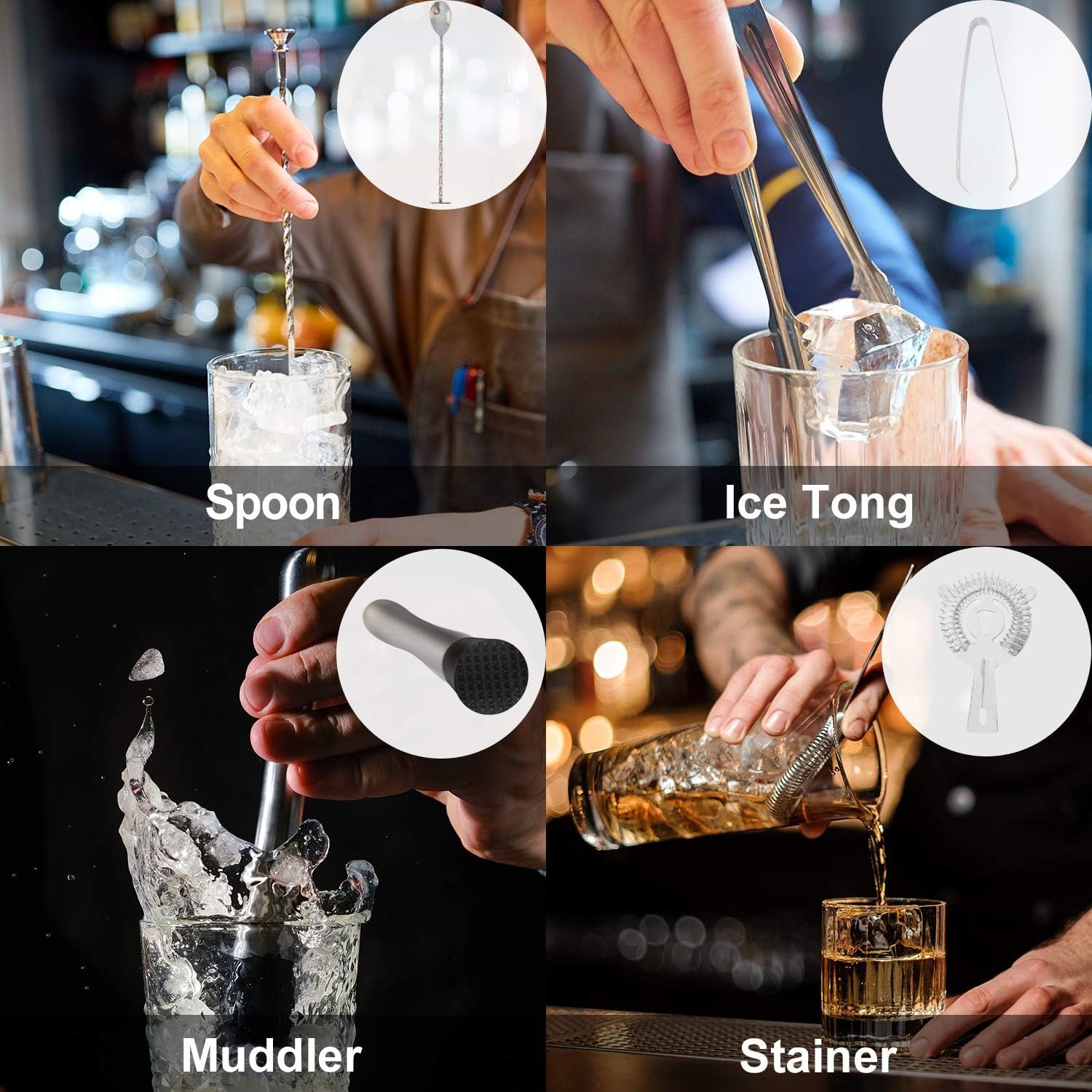 Bar Set Bartender Kit with Stand Stainless Steel Drink Mixer Set for Beginners Perfect Home Bartending Kit for an Awesome Drink Mixing Experience(Silver)