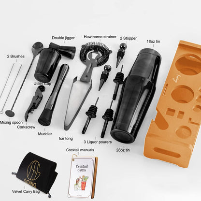Mixology 24-Piece Bartender Kit,Perfect Home Cocktail Shaker Set for Drink Mixing,Stainless Steel Bar Tools with Stand,Velvet Carry Bag & Recipes Cards Included