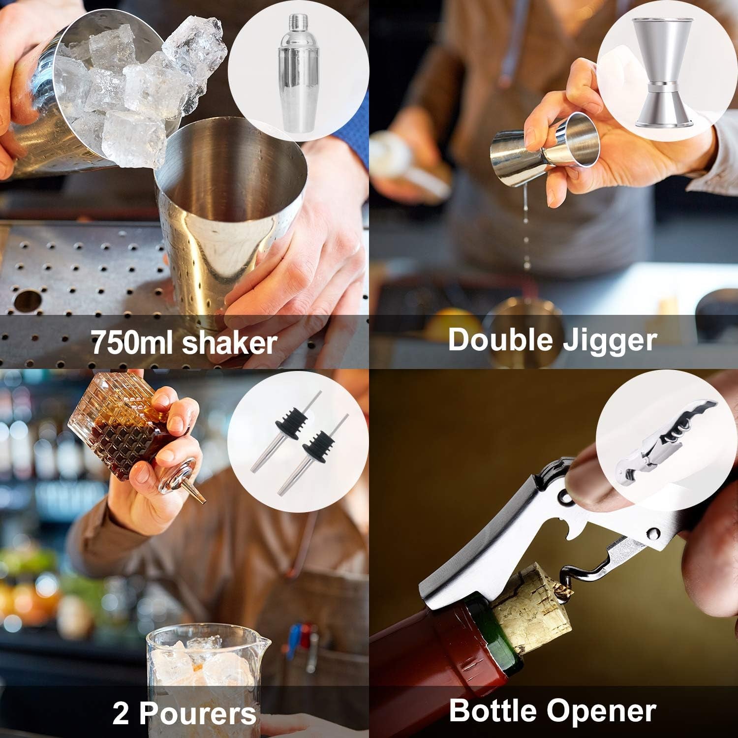 Bar Set Bartender Kit with Stand Stainless Steel Drink Mixer Set for Beginners Perfect Home Bartending Kit for an Awesome Drink Mixing Experience(Silver)