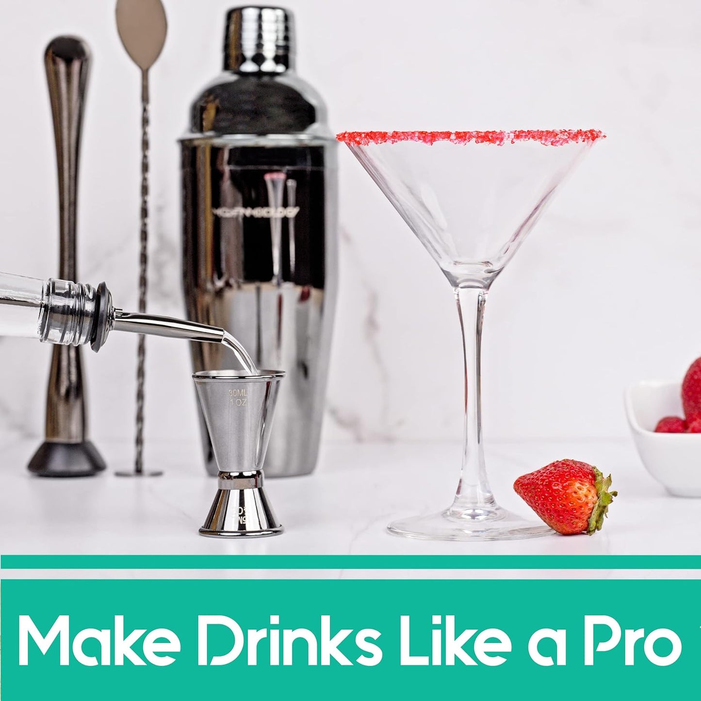 Mixology Cocktail Shaker Set Drink Mixer, 8-Piece Portable Bartender Kit with 24Oz Martini Shaker Barware Tool Set, 2 Pourers, Muddler, Jigger, Mixing Spoon, Velvet Bag, Built-In Strainer (Silver)