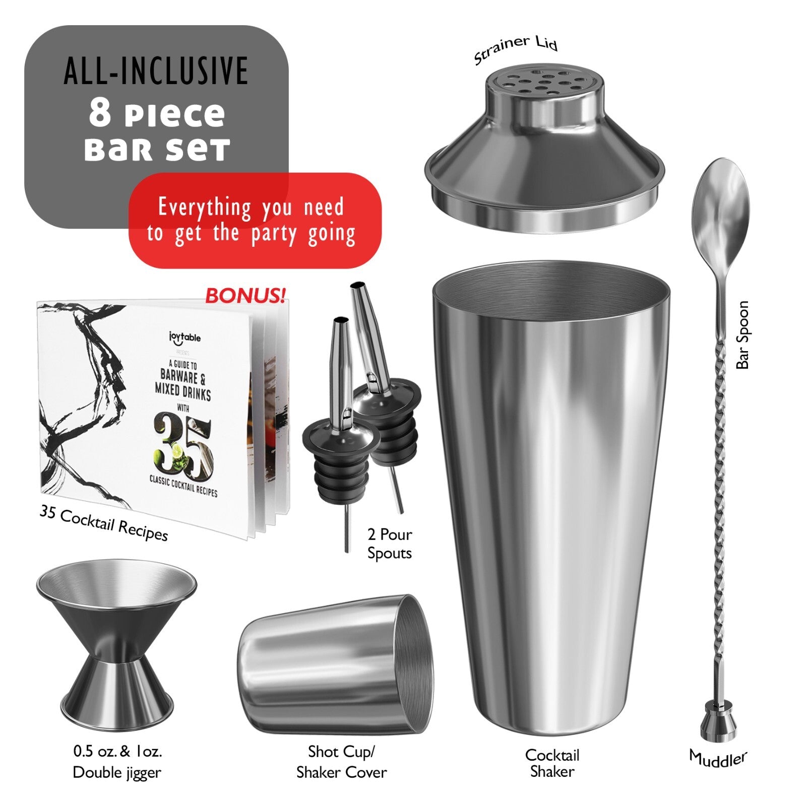 8 PC Bartender Kit, Complete Cocktail Shaker Bar Tools Set - Recipe Book & More