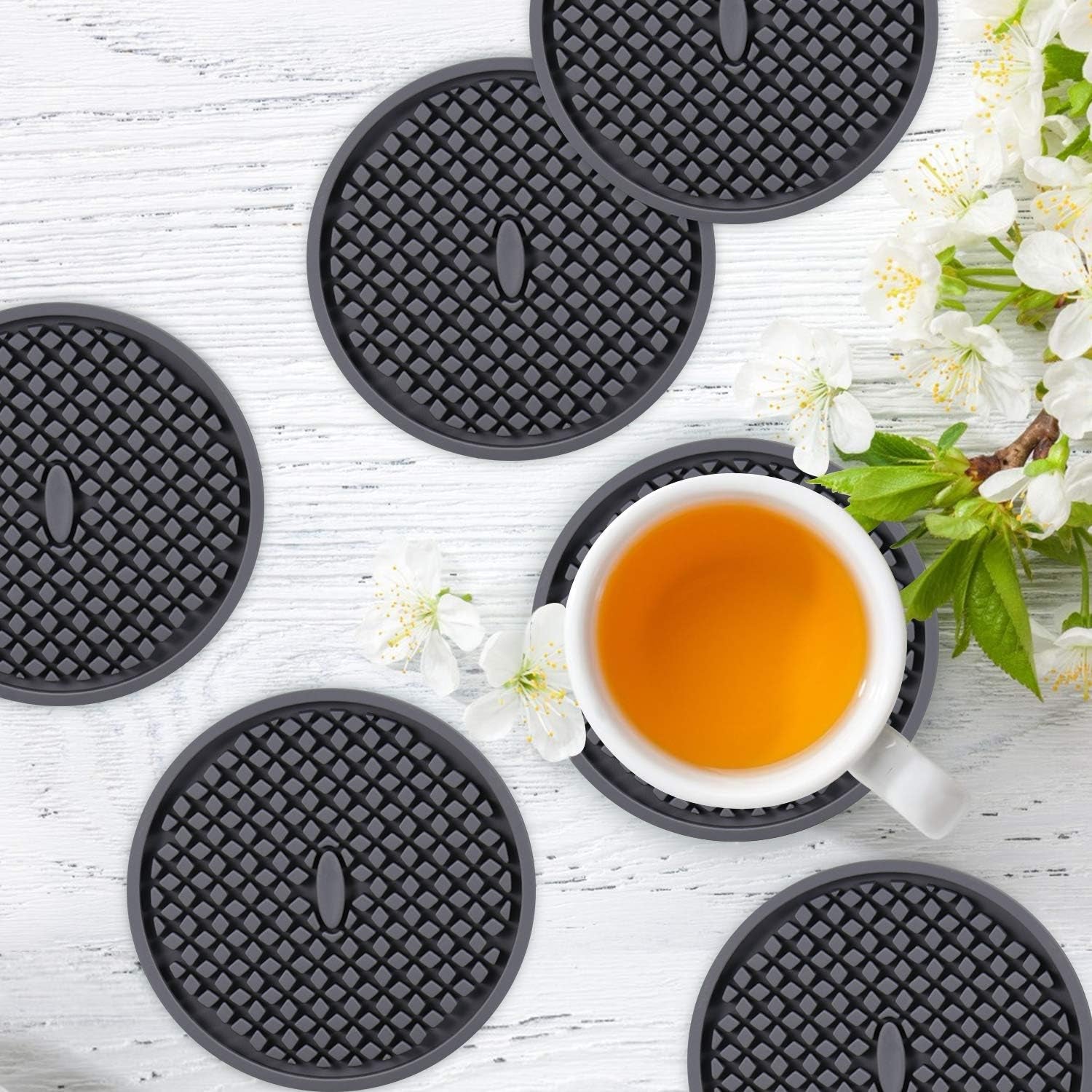 Silicone Coasters [6 Pack] Thickened Drink Coasters with Holder - Cup Mat - Non-Slip, Non-Stick, Stay Put, Deep Tray - Prevents Furniture and Tabletop Damages(Gray)