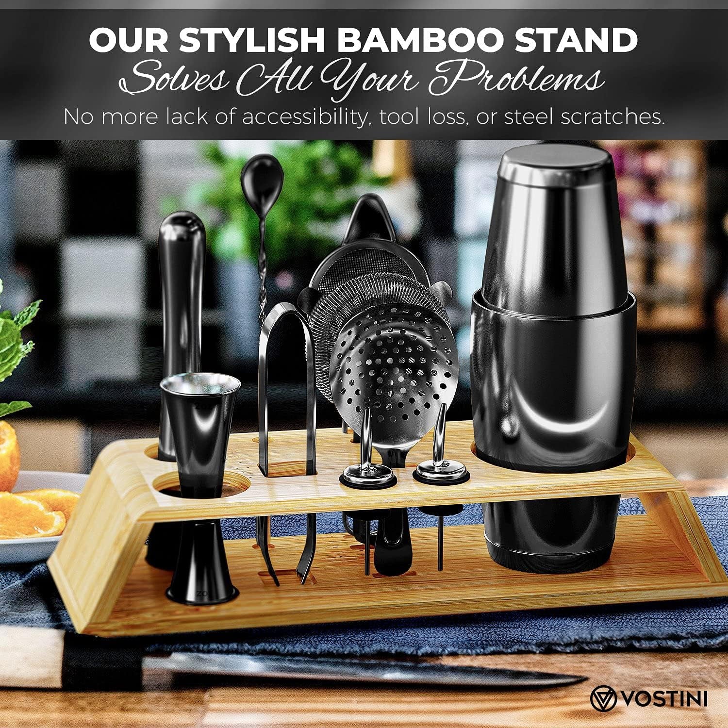 12-Piece Black Cocktail Shaker Set with Bamboo Stand, Weighted 18 & 28Oz Boston Shakers, Cocktail Muddler, Mixing Spoon, Double Jigger and Strainer Set, Perfect Bartending Mixing Kit