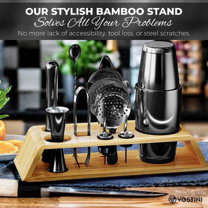 12-Piece Black Cocktail Shaker Set with Bamboo Stand, Weighted 18 & 28Oz Boston Shakers, Cocktail Muddler, Mixing Spoon, Double Jigger and Strainer Set, Perfect Bartending Mixing Kit