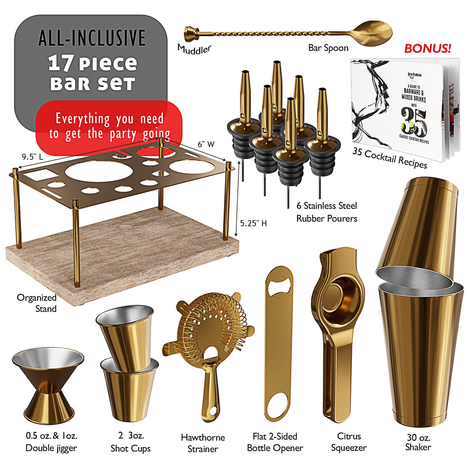16 Pc+Stand Bartender Kit, Complete Cocktail Shaker Bar Tools Set & Recipe Book