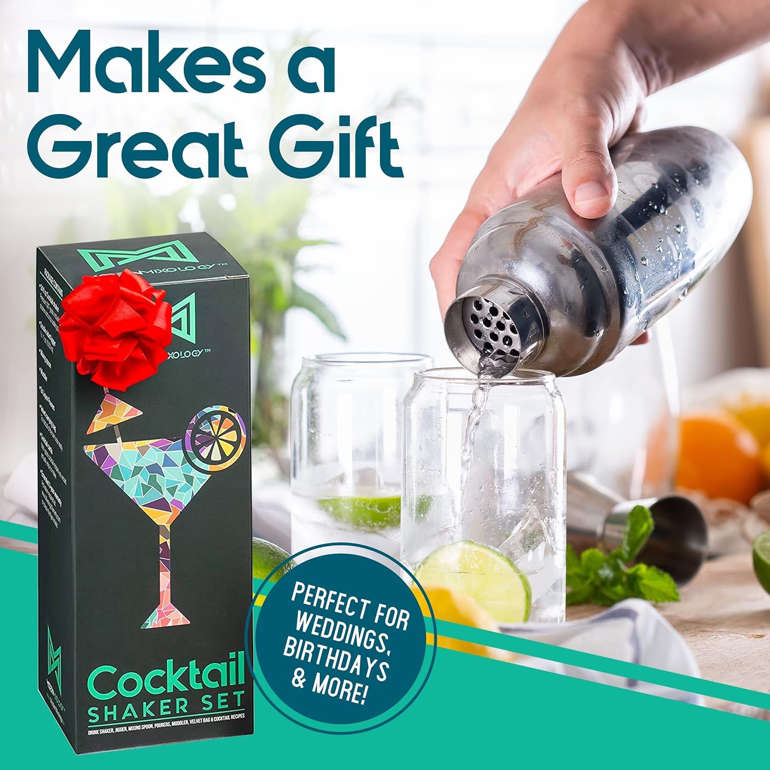 Mixology Cocktail Shaker Set Drink Mixer, 8-Piece Portable Bartender Kit with 24Oz Martini Shaker Barware Tool Set, 2 Pourers, Muddler, Jigger, Mixing Spoon, Velvet Bag, Built-In Strainer (Silver)