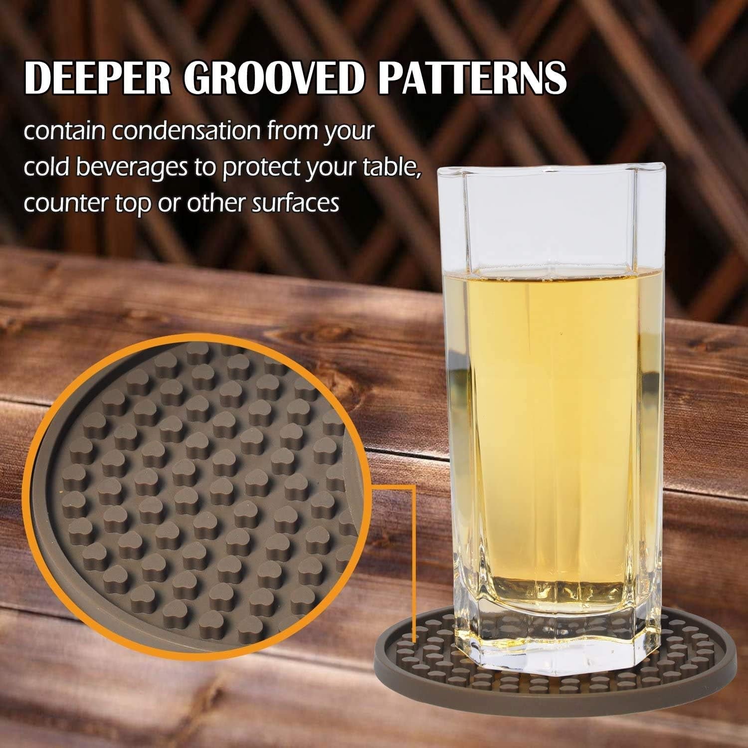 Coasters for Drinks Absorbent, Rubber Brown Coasters Set of 8, Large Silicone Drink Coasters for Furniture Protection, Deep Tray 4.3 Inch Hearts Buds Reusable Heat-Resistant Mat
