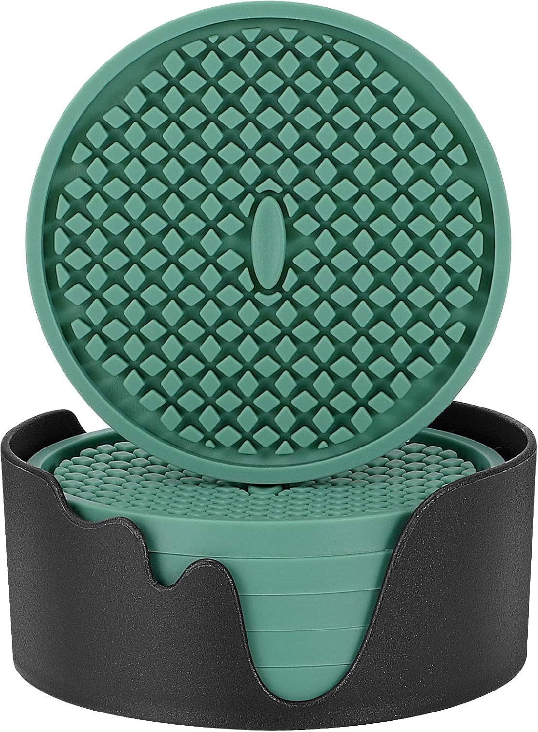 Silicone Coasters [6 Pack] Thickened Drink Coasters with Holder - Cup Mat - Non-Slip, Non-Stick, Stay Put, Deep Tray - Prevents Furniture and Tabletop Damages(Teal Blue)
