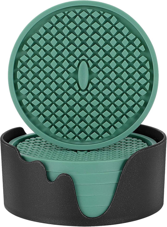 Silicone Coasters [6 Pack] Thickened Drink Coasters with Holder - Cup Mat - Non-Slip, Non-Stick, Stay Put, Deep Tray - Prevents Furniture and Tabletop Damages(Teal Blue)
