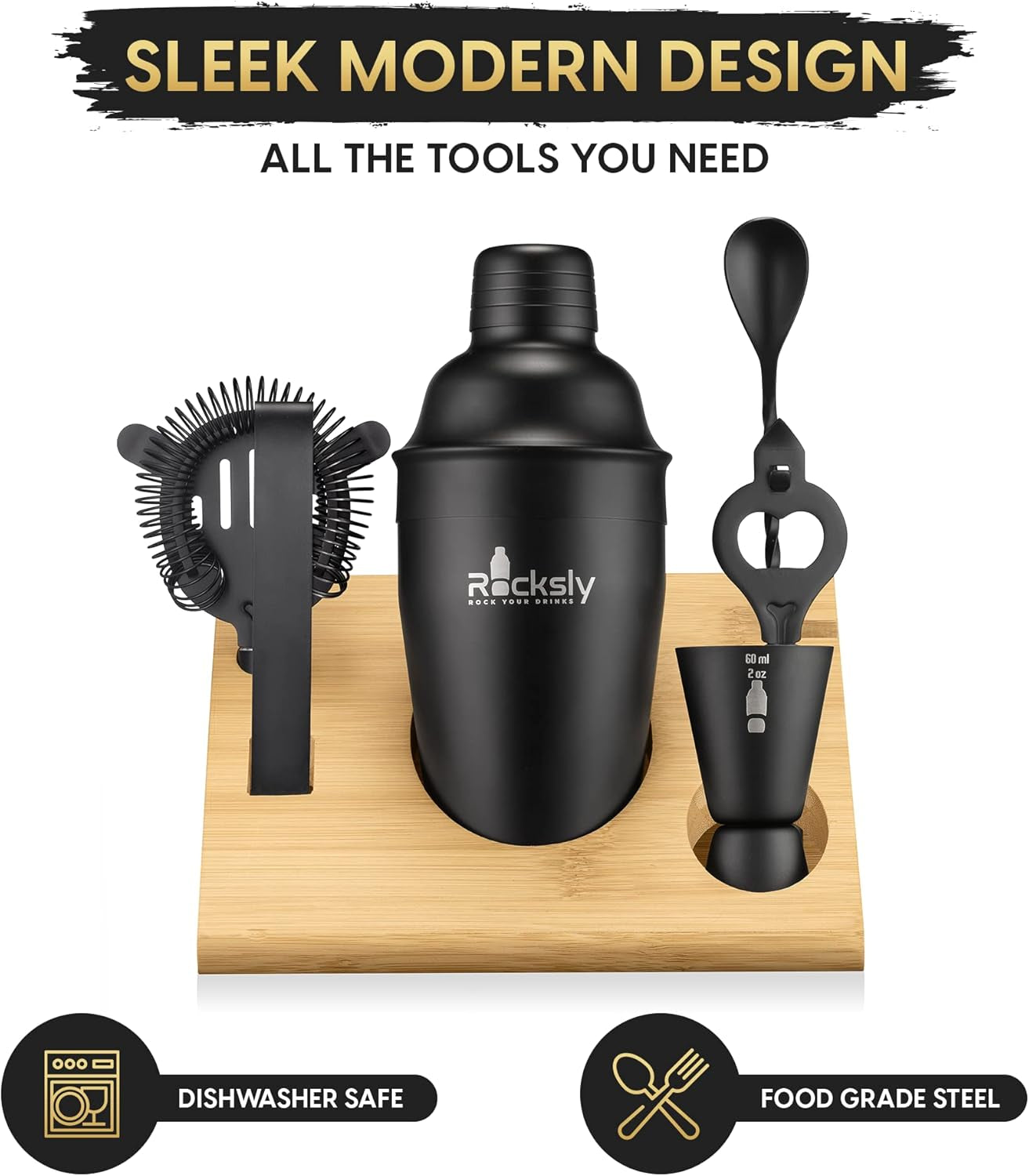 Mixology Bartender Kit and Cocktail Shaker Set for Drink Mixing | Mixology Set with 6 Bar Set Tools and Bamboo Stand Makes It the Perfect Home Cocktail Kit | Complete Bartender Kit (Black)