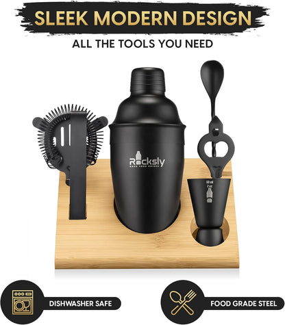 Mixology Bartender Kit and Cocktail Shaker Set for Drink Mixing | Mixology Set with 6 Bar Set Tools and Bamboo Stand Makes It the Perfect Home Cocktail Kit | Complete Bartender Kit (Black)